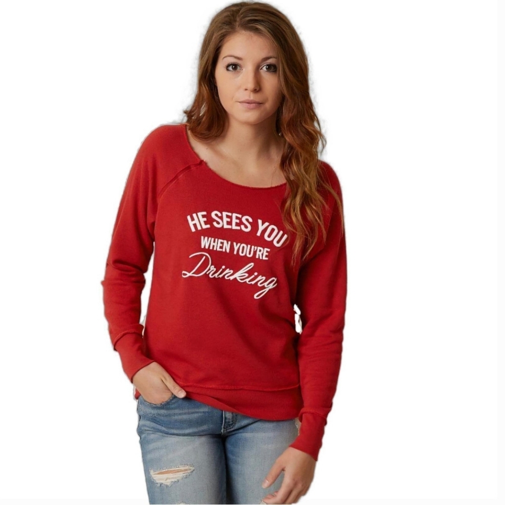 Raw Edge Christmas Funny Sweatshirt - 'He Sees You When You're Drinking' XS EUC